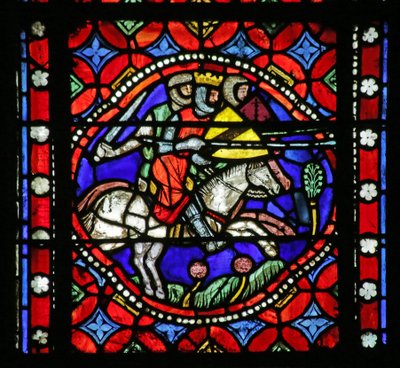 Window depicting Scene from the life of Saint Bonnet: King Aripert and his entourage going forth to meet the Baron by French School